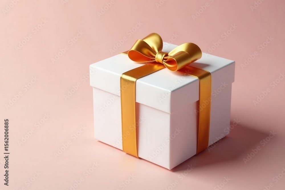 Obraz premium Elegant white gift box with golden ribbon bow , glossy, present, product