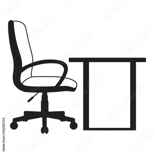 Simple black and white office desk and swivel chair isolated on white background