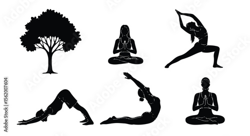 Set of yoga poses and a tree silhouettes on white background
