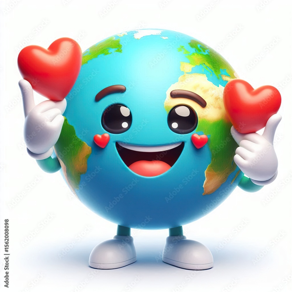 Naklejka premium Animated character 3D image of Happy smiling Earth emoticon, emoji in love, white background