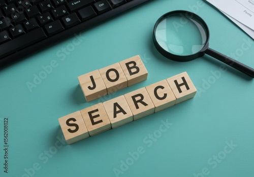 Wooden blocks spelling out job search are placed next to a magnifying glass and a keyboard on a teal background