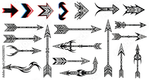 Set of decorative tribal arrow illustrations on white background