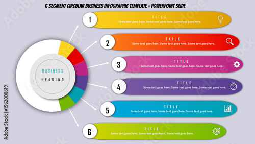 6 Segment Circular Arrow Infographic with Color Coded Sections – Editable PowerPoint Template. Fully editable modern infographic vector elements SVG file compatible with PowerPoint.