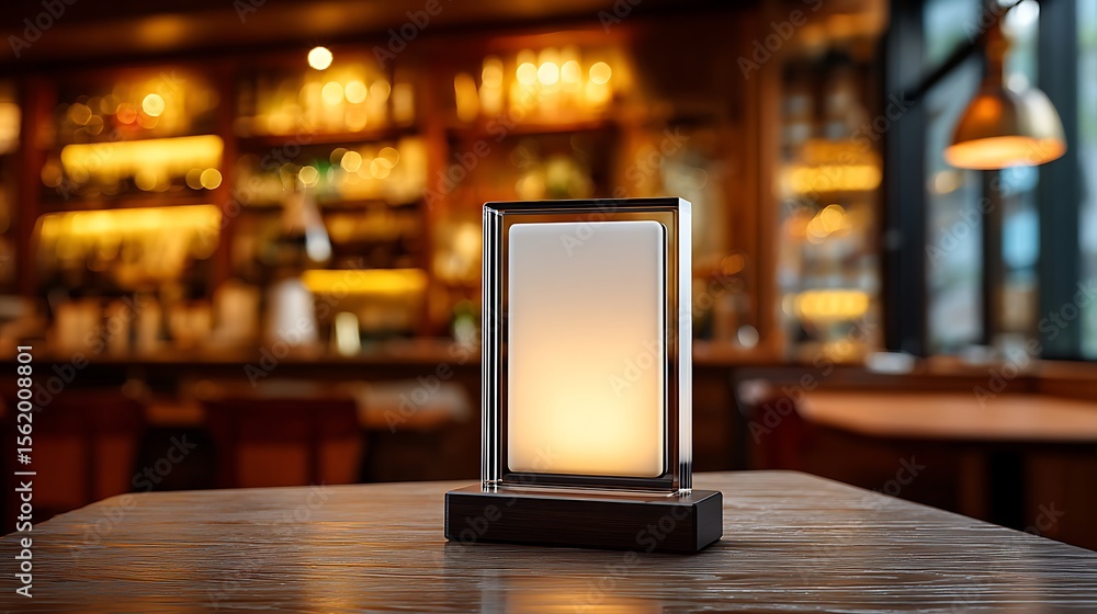 Illuminated tabletop menu holder displaying a blank white screen in a cozy bar setting Illuminated tabletop menu holder displaying a blank white screen in a cozy bar setting