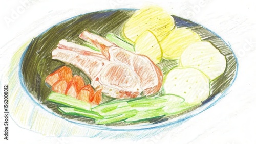 Colored pencil Hand-drawing of A colorful plate featuring delicious pork chop, fresh vegetables, and perfect presentation for gourmet cuisine.