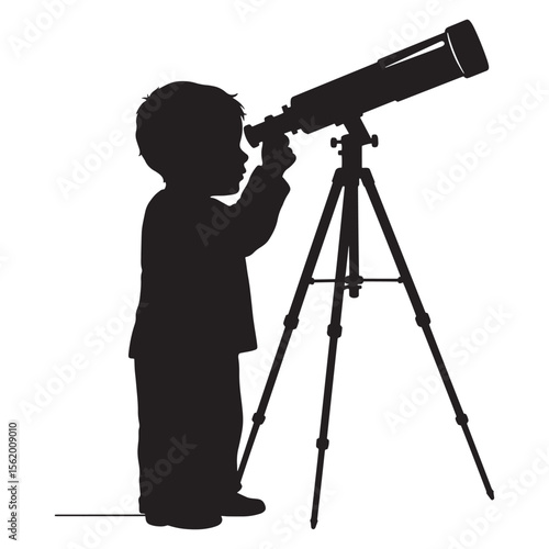 Young child silhouette observing the stars through a telescope concept of astronomy and exploration