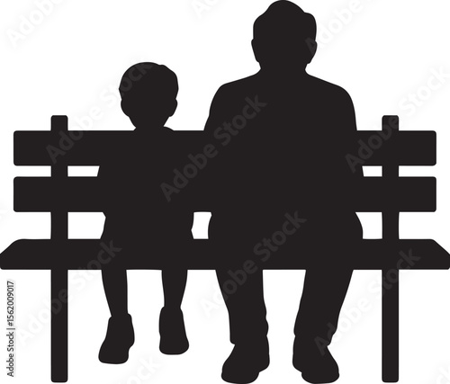 Silhouette of a grandfather and grandson sitting together on a park bench