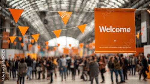 Crowd of People at Indoor Event with Welcome Banner and Pennants