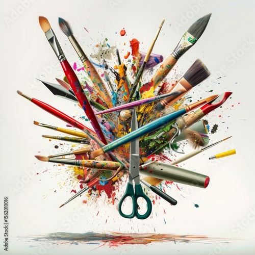 Art supplies explosion - paintbrushes, watercolors, scissors in mid-air against white