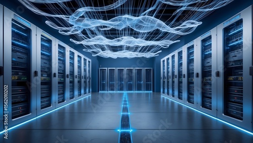 Data Center Infrastructure: A cutting-edge data center with rows of server racks, illuminated by vibrant blue lights and ethereal, data-driven cloud formations.