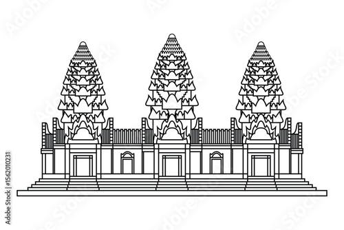 Line art vector of Khmer style castle three crests prangs Lopburi province Thailand drawing in black and white