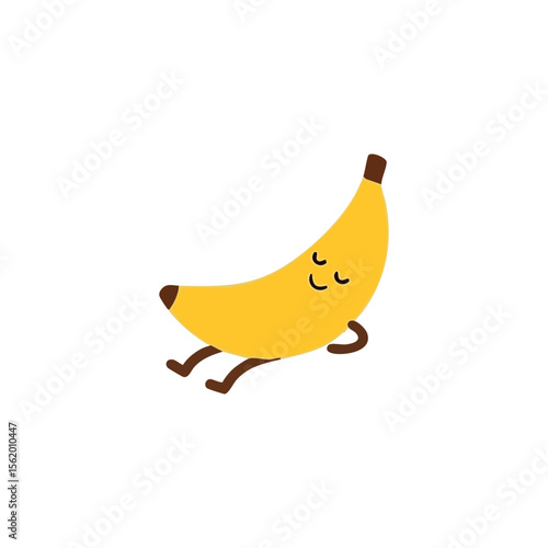A cartoon banana with a happy expression, lying down with simple brown limbs