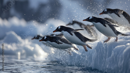 A group of playful penguins jumping into the ocean, splashing water, showcasing wildlife behavior, natural habitat, energetic movement, perfect for nature and animal themes.