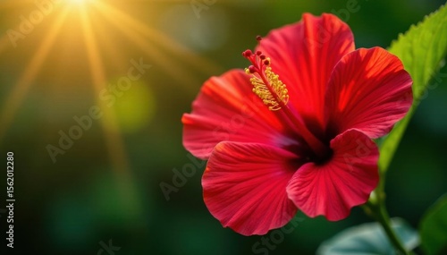 Vibrant red hibiscus, sunlight illuminates petals, detail, botany