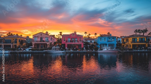 Colorful houses and boats on a calm waterway at sunset.
