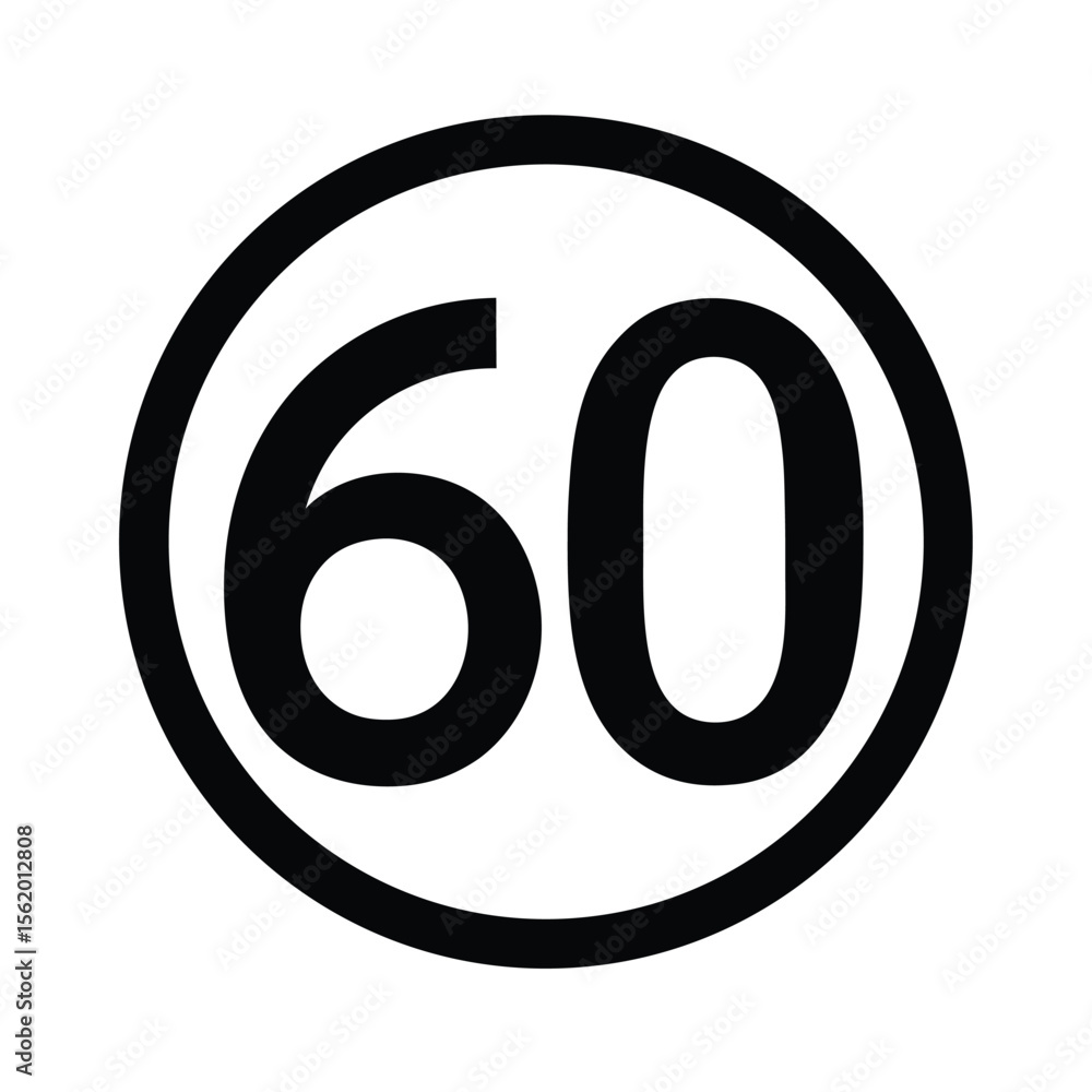 Bold Black Number Sixty in a Circular Frame, Simple, Minimalist, Speed Limit Sign Graphic Design. Bold Black Number Sixty in a Circular Frame, Simple, Minimalist, Speed Limit Sign Graphic Design.