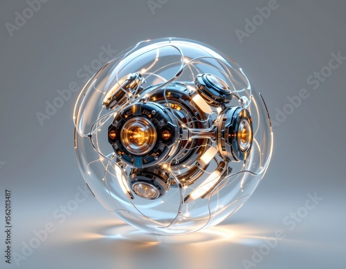 Glowing transparent tech orb with advanced mechanics futuristic studio 3d render high-tech environment close-up view