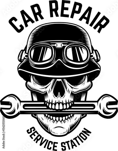 Illustration of skull in racer helmet. Design element for poster, card, banner, emblem, sign. Vector illustration
