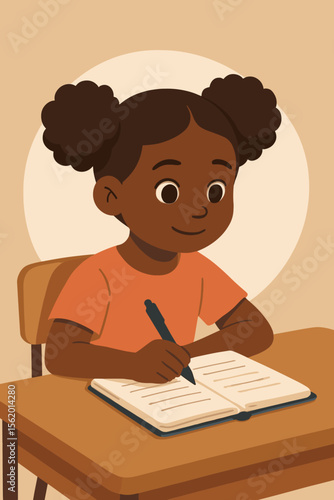 Cute black little girl writing in a notebook at her desk. African American schoolgirl student learning, doing homework. Education and back to school concept. Flat vector cartoon illustration.