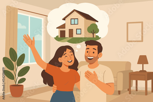 Couple dreaming about new home. Happy man and woman thinking about buying a house. Family mortgage loan concept. Property ownership and real estate investment vector illustration.