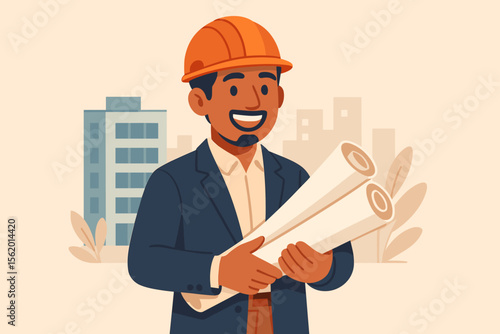 Happy architect or engineer in a hard hat holding blueprints at a construction site. Professional male builder or foreman with project plans. Vector flat cartoon illustration.