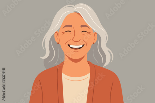 Happy senior woman portrait. Joyful elderly lady smiling with closed eyes. Positive mature female character avatar. Flat vector illustration of a happy grandmother. Old age.