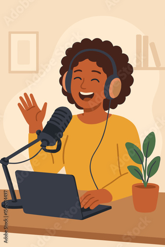 Joyful African woman recording a live podcast. Happy female radio host or vlogger speaking into a microphone. Broadcasting, streaming, content creation and vlogging concept vector.