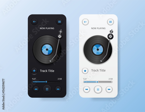 Modern vector UI kit with vinyl record media player interfaces in dark and light themes. Realistic 3D style, blue accent colors. Perfect for apps, web design, music platforms, and presentations.