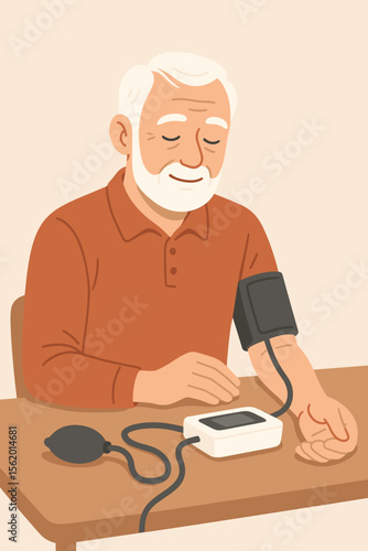 Senior man checking blood pressure at home with digital monitor. Elderly healthcare concept. Hypertension prevention. Medical self-exam. Flat vector illustration. Modern lifestyle health care.