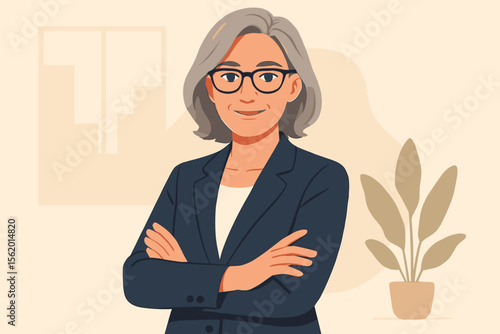 Confident mature businesswoman in suit with crossed arms, leadership and professionalism concept, modern office interior, flat vector illustration, career success, executive woman, workplace