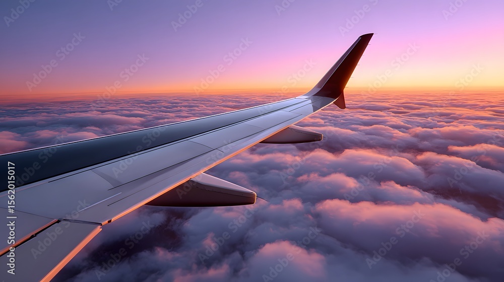 Fototapeta premium Airplane wing against a stunning sunset sky over clouds.