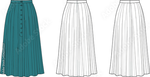 Flat sketch of pleated button skirt, front and back views, long midi skirt fashion design, vector illustration for designers. flat vector illustration