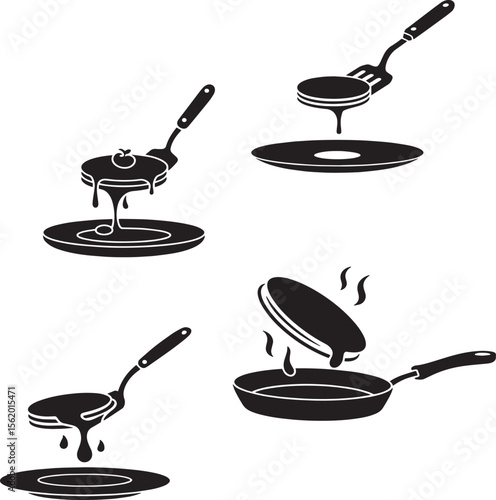 Pancake preparation process with syrup and spatula in a pan