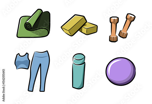 Yoga and fitness equipment icons in cartoon style including mat dumbbell gym ball and activewear for exercise design