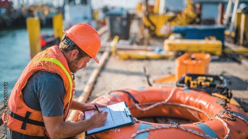 A technician in a safety vest examining a life raft taking notes on a digital tablet beside a clipboard filled with maintenance records with tools scattered nearby on a dock.