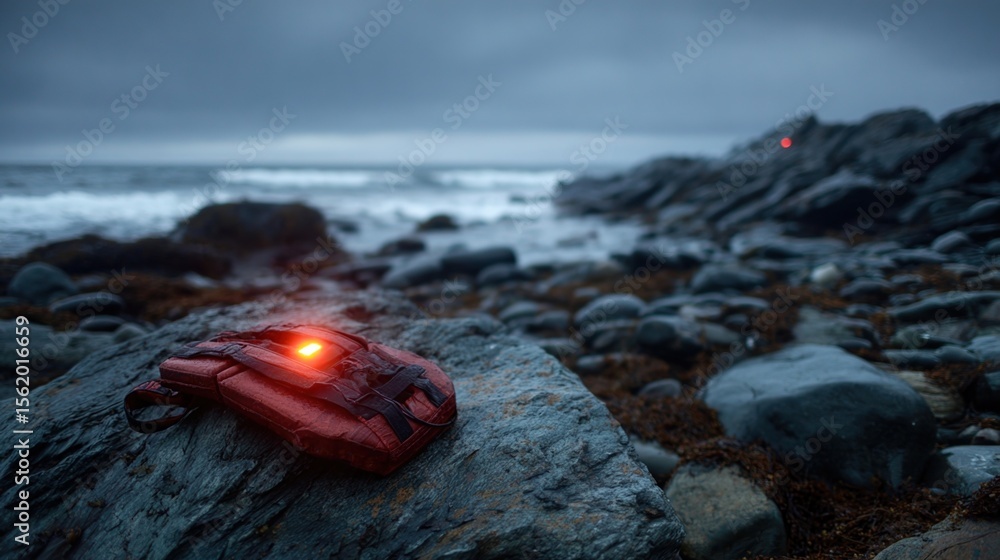 Obraz premium A life vest lying on a rocky shore the personal locator beacon flashing red contrasting with the natural landscape symbolizing hope and safety in a wilderness setting.
