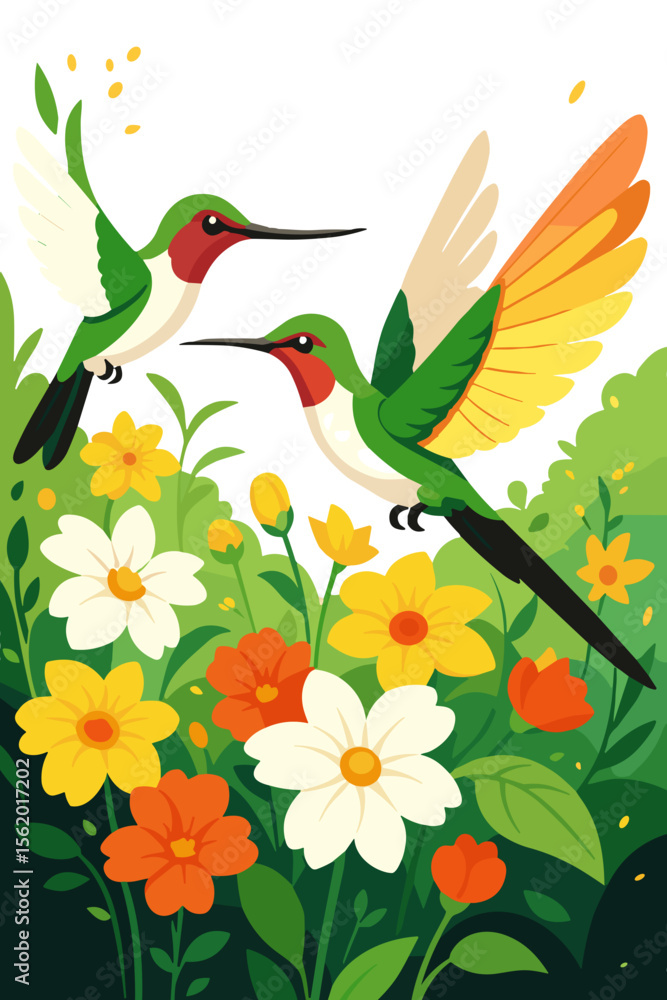 Hummingbirds in flower garden illustration in bright flat style, spring nature and Bird Day celebration concept Hummingbirds in flower garden illustration in bright flat style, spring nature and Bird Day celebration concept