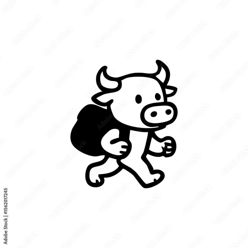 Cute cartoon bull carrying a backpack, walking Cute cartoon bull carrying a backpack, walking
