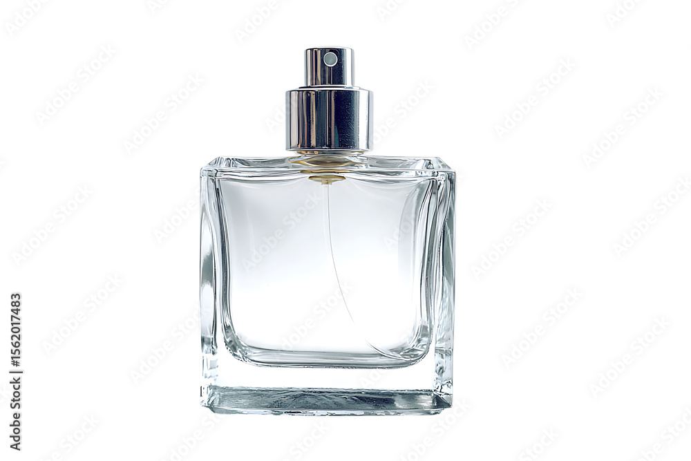 Clear glass perfume bottle with silver spray top. Mockup for fragrance design. Clear glass perfume bottle with silver spray top. Mockup for fragrance design.