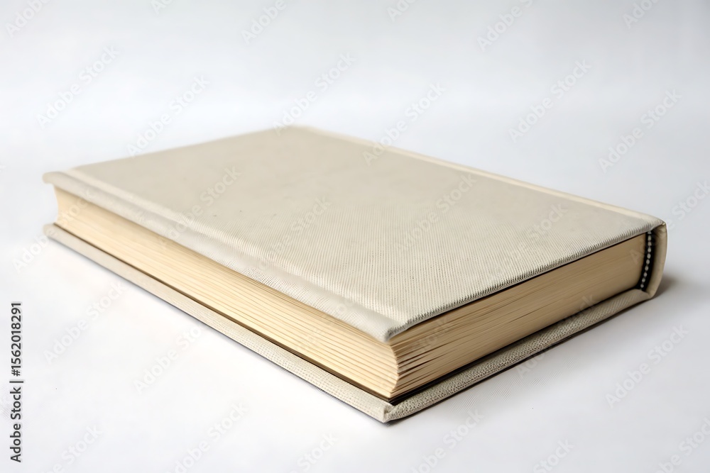 An off-white book rests on a white surface showing its closed pages An off-white book rests on a white surface showing its closed pages