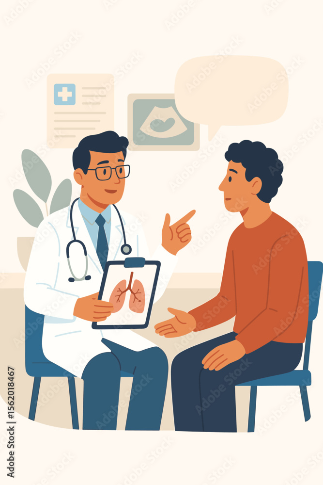 Doctor talking to a patient about lung diagnosis. Medical consultation with a pulmonologist. Physician explaining respiratory test results. Healthcare and medicine vector concept. Doctor talking to a patient about lung diagnosis. Medical consultation with a pulmonologist. Physician explaining respiratory test results. Healthcare and medicine vector concept.