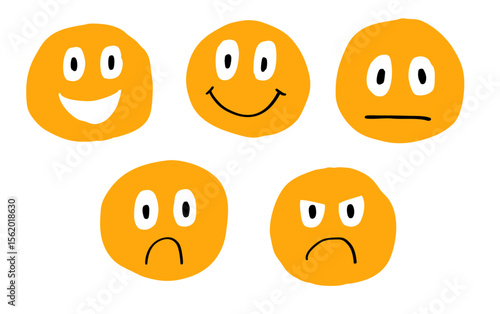 Hand drawn emoticons icons set. Emoji faces collection. Yellow emojis doodle style. Happy smile neutral sad and angry. Vector illustration