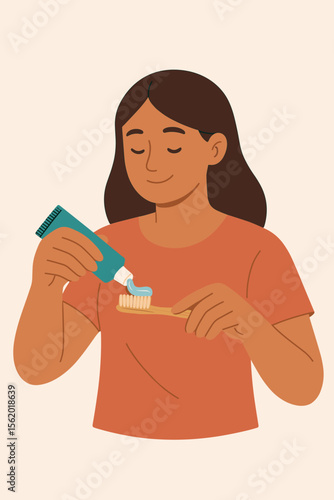 Young woman putting toothpaste on a bamboo toothbrush. Dental care and oral hygiene concept. Daily morning routine for health and wellness. Self-care habit. Flat vector illustration.