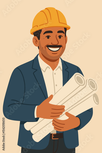 Happy Latin architect or engineer holding blueprints on a city background. Smiling professional construction manager or foreman in a hard hat. Modern flat vector cartoon illustration.
