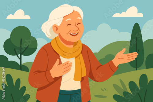 Happy mature woman walking outdoor in a park. Smiling senior lady enjoying an active lifestyle in retirement. Concept of healthy aging and mental well-being. Modern flat vector cartoon.