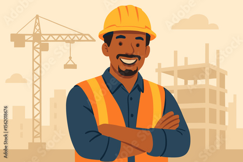 Happy African American construction worker, builder or engineer smiling at a building site. Confident male foreman in hard hat and safety vest. Industrial profession vector illustration.