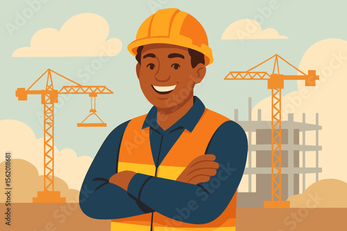 Happy Black construction worker or engineer in a hard hat and safety vest. Confident male builder on a construction site with cranes. Professional industry vector illustration.