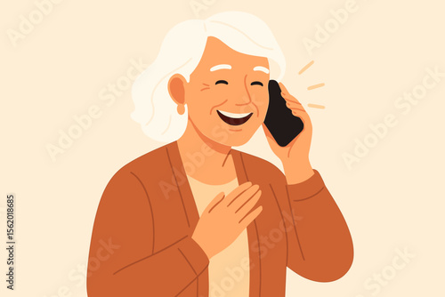 Happy senior woman talking on mobile phone. Cheerful elderly lady laughing during pleasant phone conversation. Modern flat vector cartoon character illustration of a cute grandmother.
