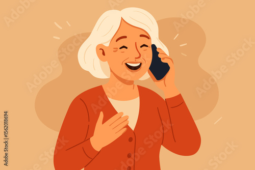 Happy mature woman talking on phone, laughing. Cheerful elderly grandmother with smartphone. Modern communication, senior lifestyle, family connection concept. Flat vector illustration.