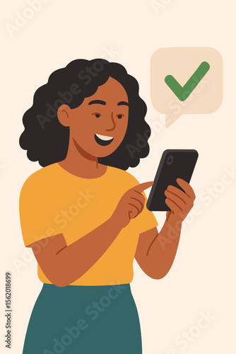 Happy African American woman using a smartphone. Successful task completion, approval, or online verification concept. Female character gets confirmation message with a check mark.